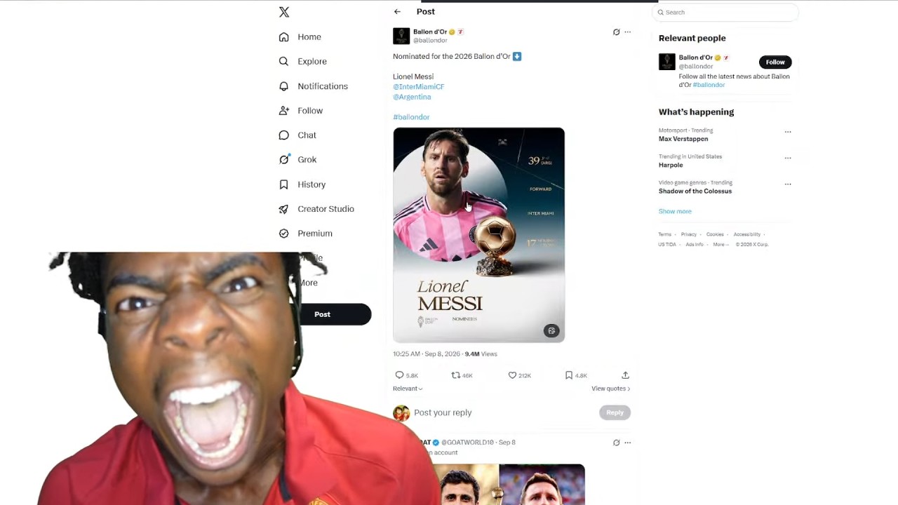 iShowSpeed Reacts To Messi&rsquo;s Ballon d&rsquo;Or Nomination 😭 (CRASHES OUT)