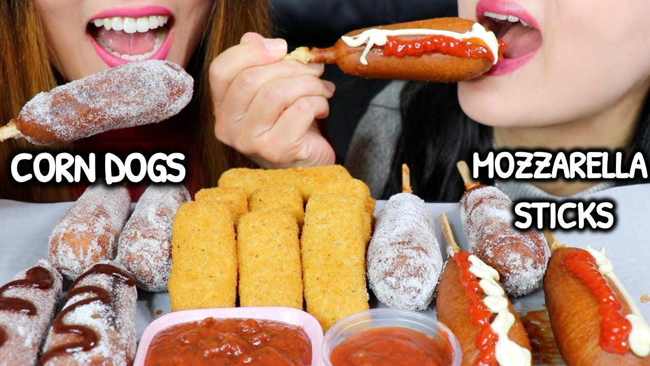 ASMR CORN DOGS and MOZZARELLA STICKS 핫도그 치즈스틱 리얼사운드 먹방 | Kim&Liz ASMR