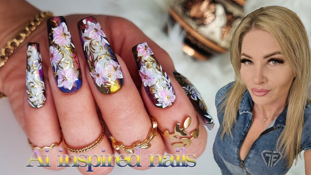 Layered nail art with cat eye gel polish and transfer foil. Ai inspired nail art