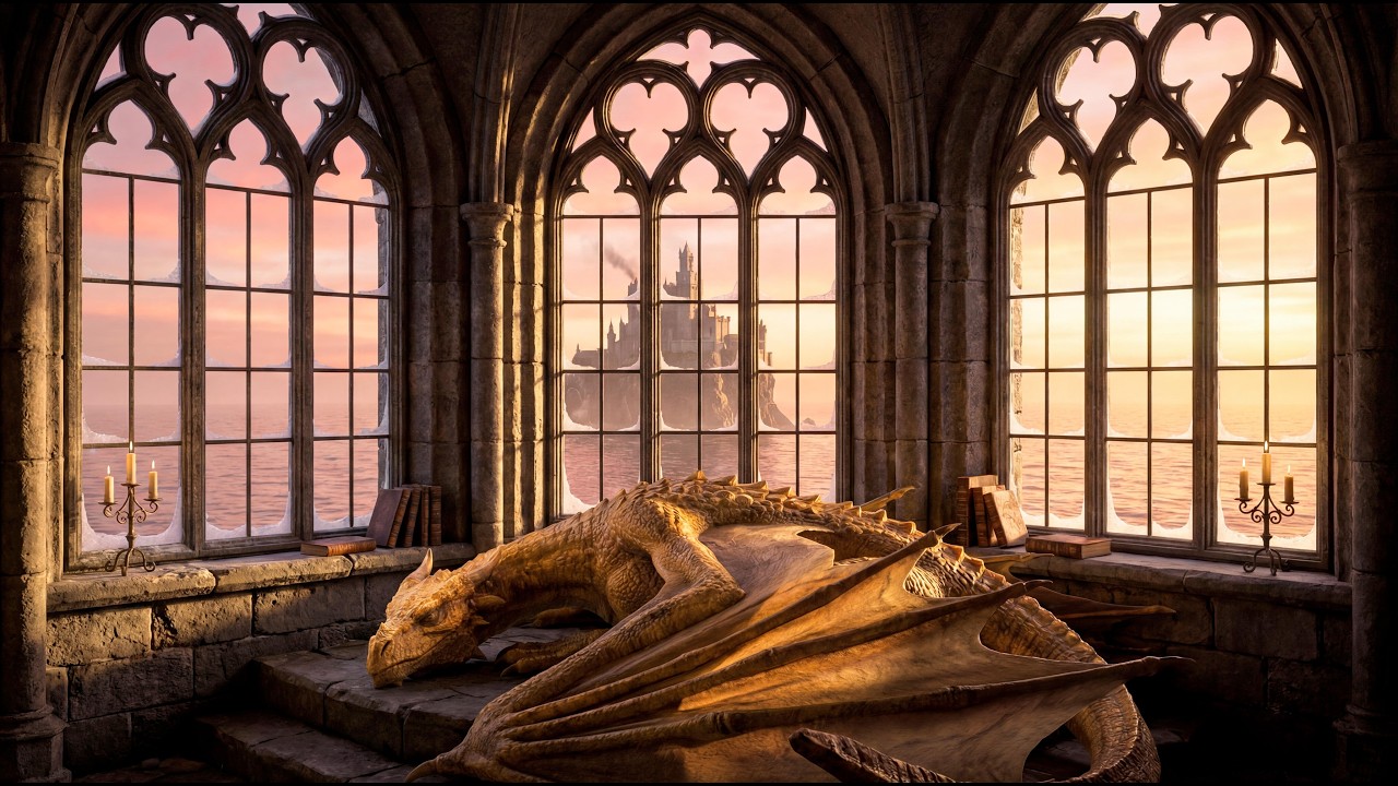 Sleeping Dragon at Sunset 🐉🏰 | Medieval Castle Window Ambience for Study & Sleep