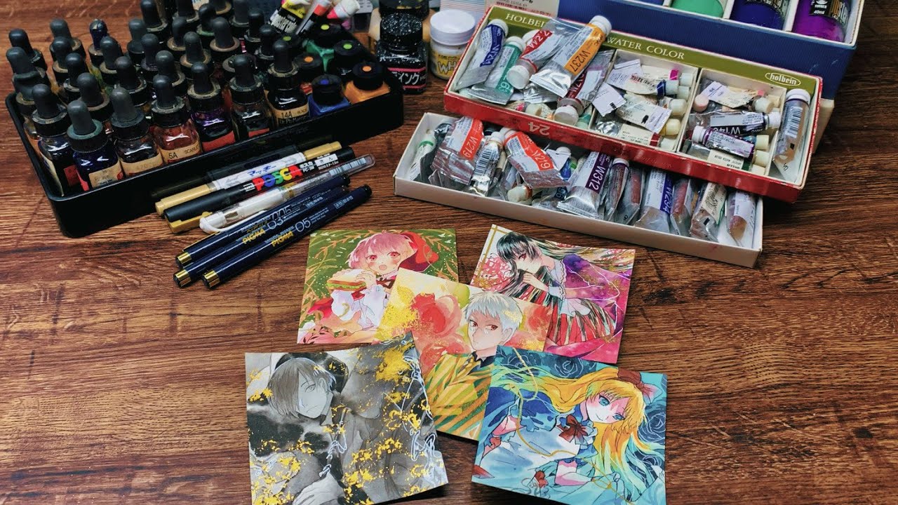 画材紹介です。紹介した画材でイラストも描きました！【透明水彩】【コピック】【カラーインク】【ポスターカラー】【墨汁】potato