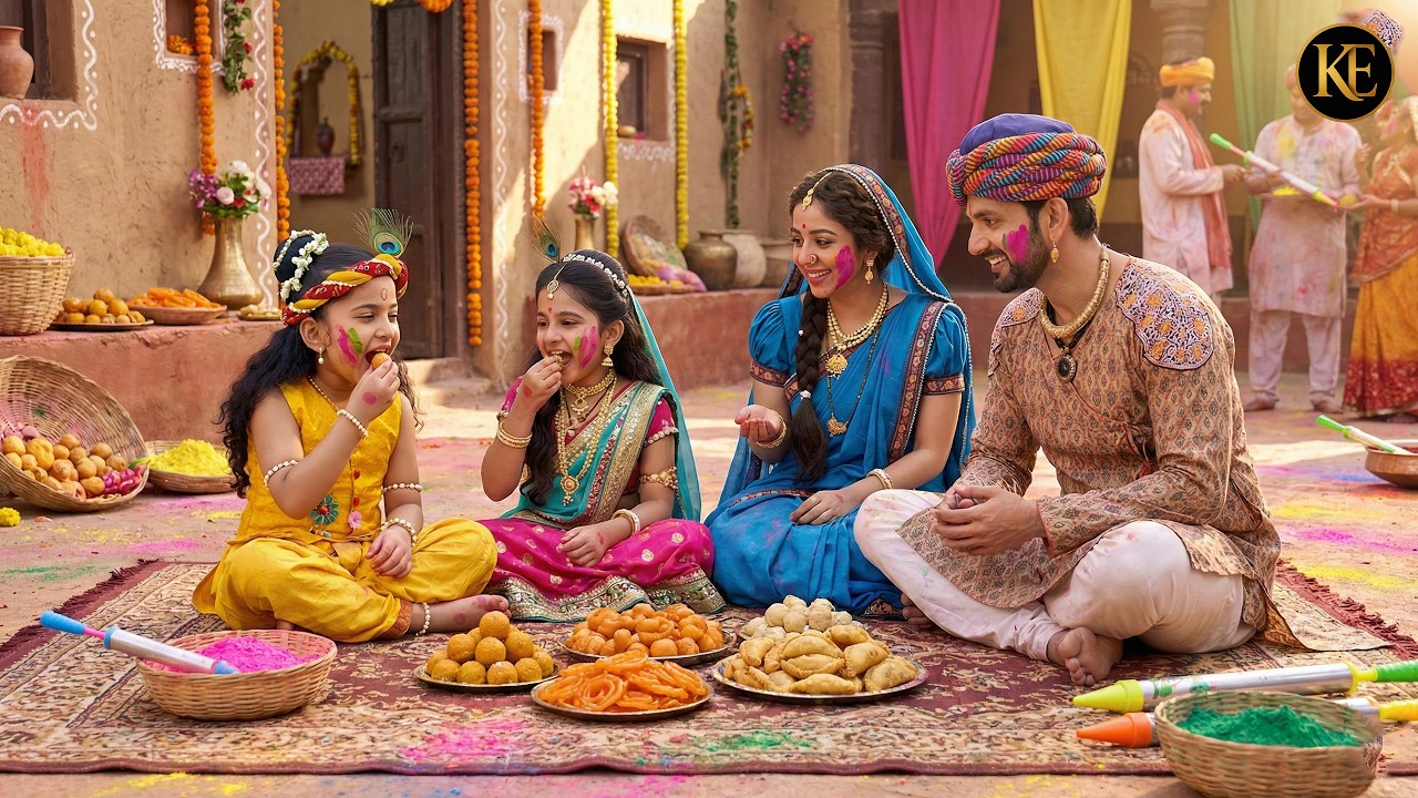 होली के दिन मैया-बाबा संग बैठे कान्हा-राधा, खाए पकवान और गुजिया!