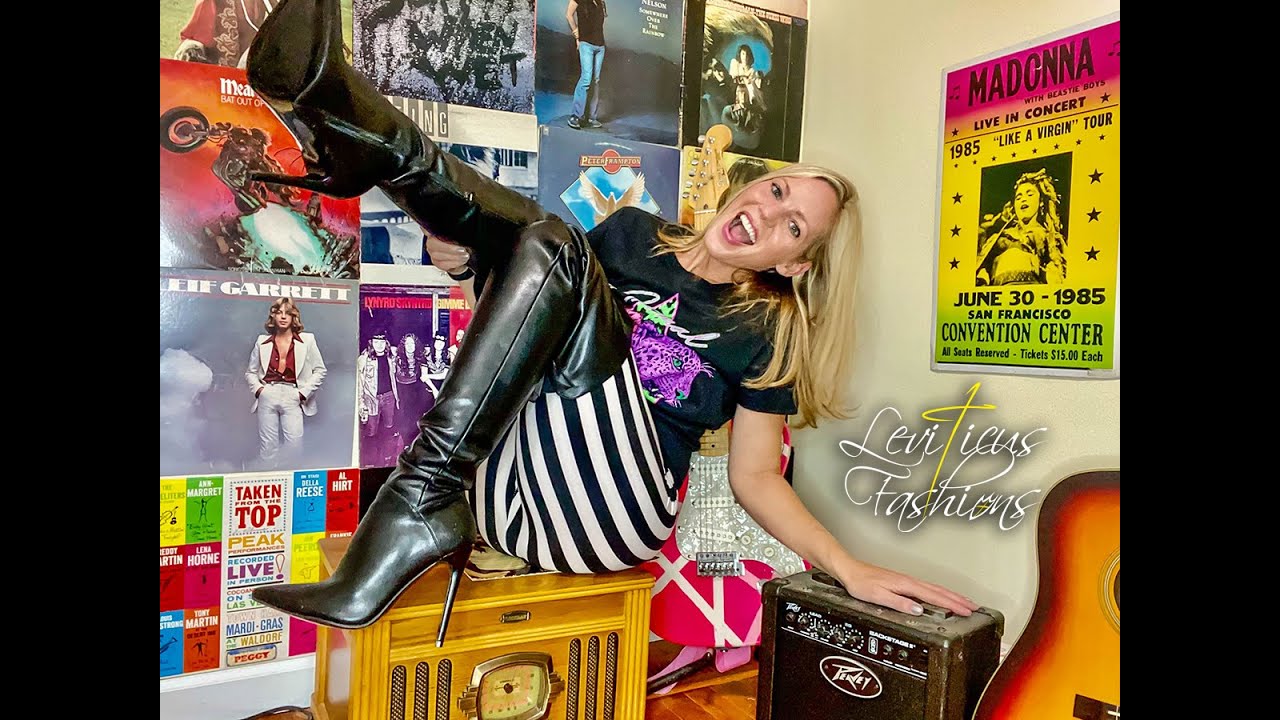 ROCK STAR STYLE BLACK LEATHER STILETTO HEELS THIGH BOOTS WITH RADIO HOST & VOCALIST SINGER MEGAN