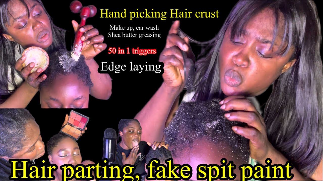 ASMR ✨Highly Concentrative hair parting, hand Picking scalp, blowing,Makeup, Edge laying. Ear Clean