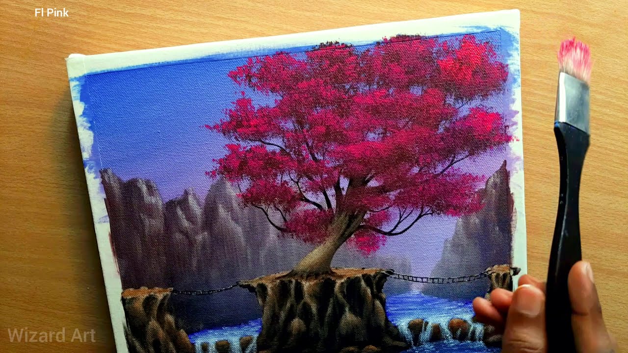#90// Painting//Mountain Tree Acrylic Painting on canvas// Easy to draw Mountain Tree