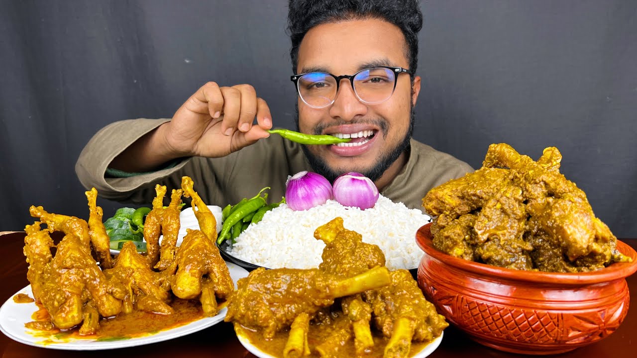 EATING SPICY WHOLE CHICKEN CURRY , SPICY MUTTIN CURRY , DUCK CURRY WITH RICE , EATING SHOW