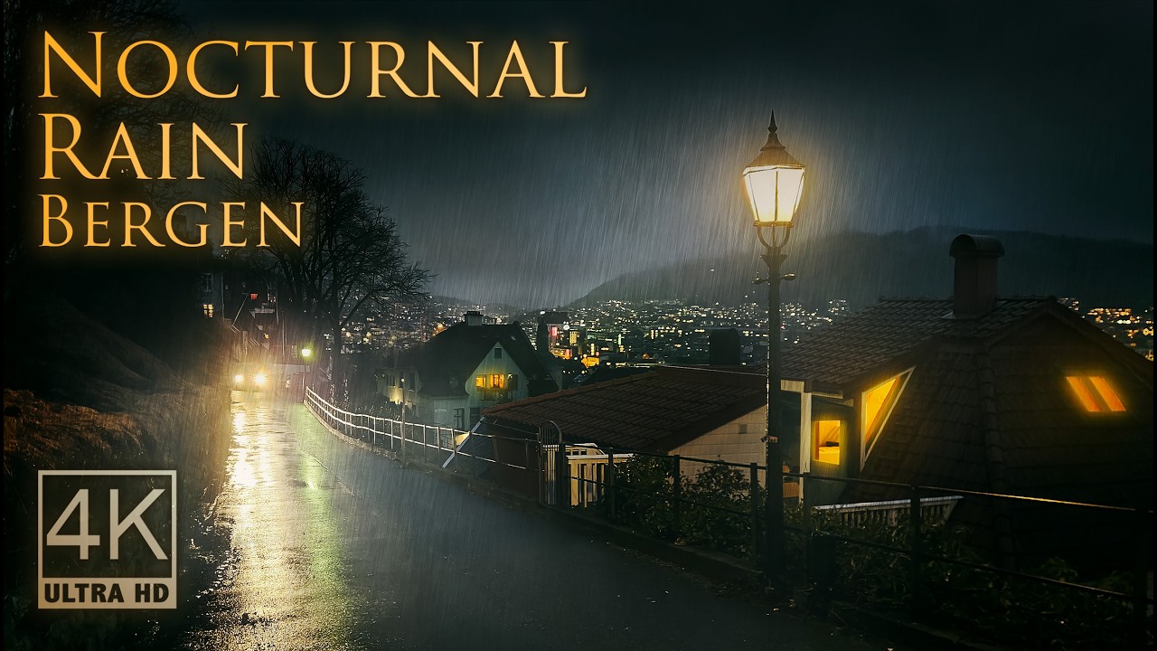 Nocturnal Rain in Bergen | 4k Ambient Night Walk | Binaural City Sounds for Relaxation