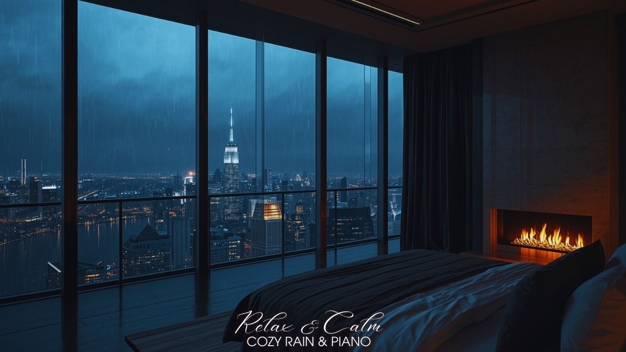 Midnight City Rain, Fireplace & Soft Piano 🌧️🔥🎹 | Luxury Skyline Night | Deep Sleep 24/7