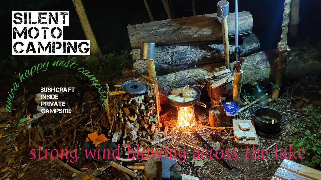 Moto camping inside private campsite Strong wind blowing from the lake /ASMR