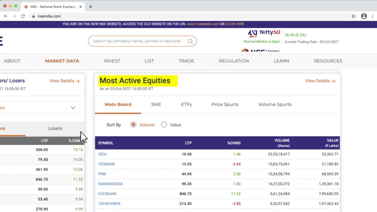 NSE Website - Market Snapshot Features