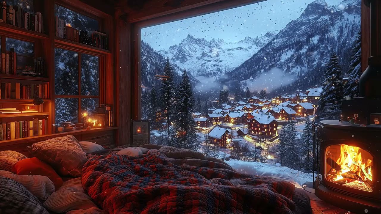 Snowstorm Night Around a Cabin ❄️ Warm Fireplace Glow to Ease Stress and Help You Sleep Better