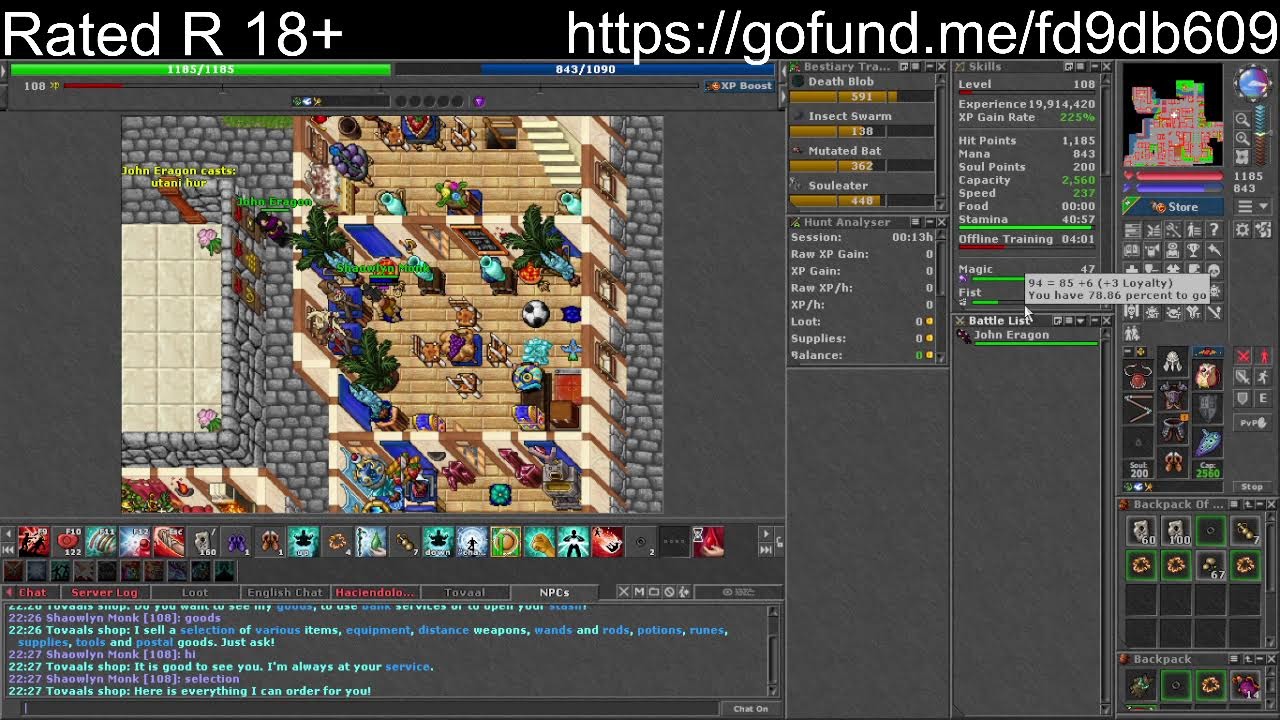 Tibia Shaowlyn Monk Grind to level 200 /Bestiary / New Monk Vocation!!