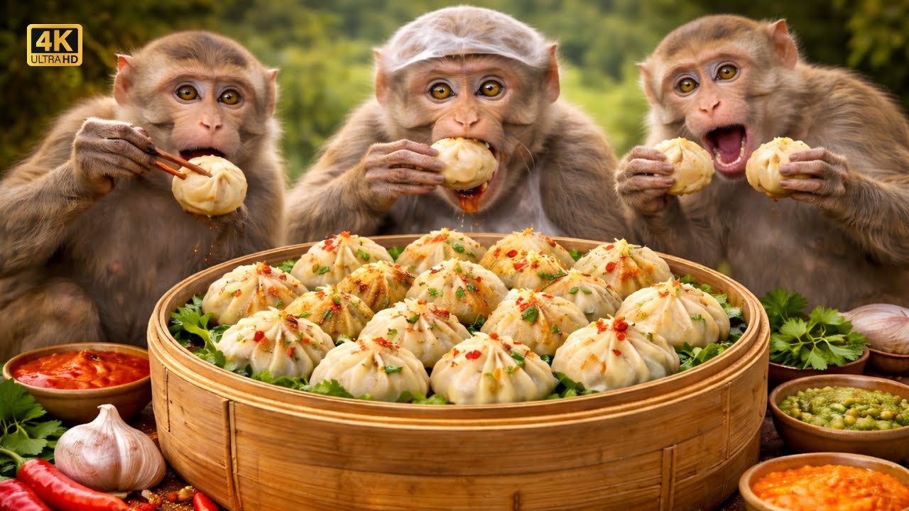बंदरों ने मिलकर बनाए स्पेशल मोमोज & रेड चटनी 😱 | Monkeys Cooking Momo's