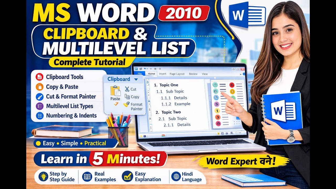 MS Word Clipboard & Multilevel List Explained | MS Word 2010 Tutorial for Beginners