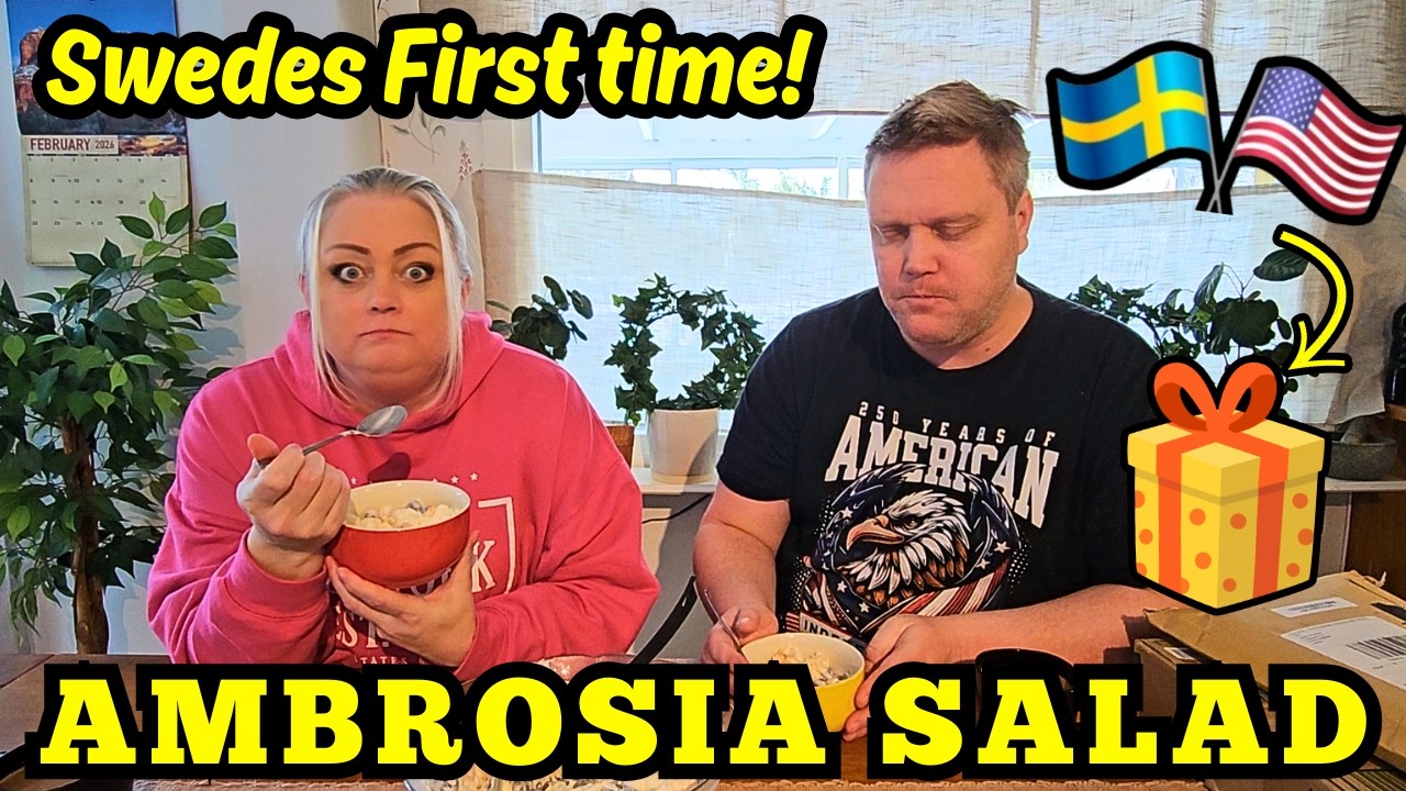 First time!! Swedish couple try Ambrosia Salad and unbox gifts from America!