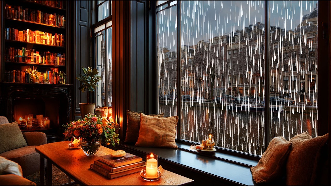 Cozy Rainy Evening by the Window – Warm Fireplace & Gentle City Rain Ambience (3 Hours)