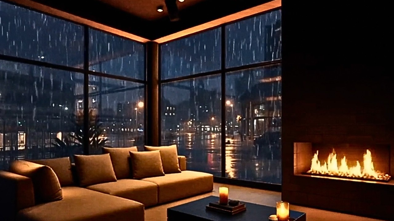 Gentle Rain at a Luxury City Apartment with Fireplace | Night Ambience for Deep Sleep