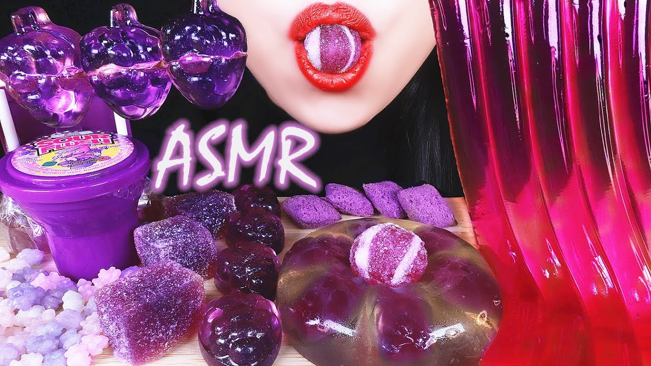CANDY ASMR PURPLE FOOD: KYOHO JELLY NOODLES, GUMMY BEARS, EDIBLE SLEET BALL EATING SOUNDS 巨峰ゼリー 사탕먹방