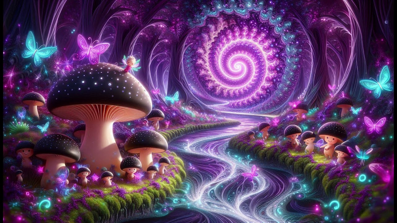 Magical Fantasy Music with Mushroom and Butterfly Spiral  Fractal Cave Wallpaper / Background
