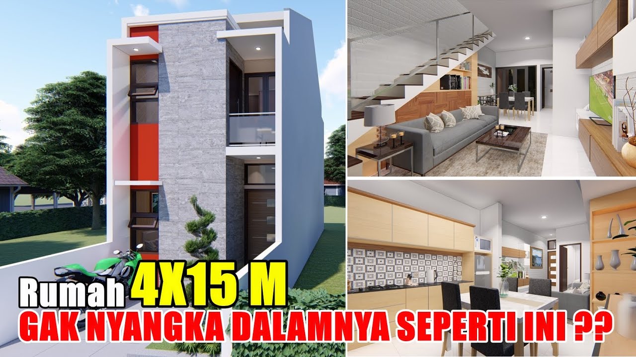 DESAIN RUMAH 4X15 M DENGAN 3 KAMAR TIDUR ADA TAMAN DEPAN DAN BELAKANGNYA
