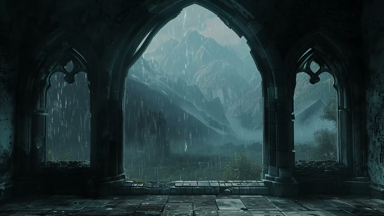 Atmosphärischer Regen an einem einsamen Schloss im Wald für ASMR und ruhigen Schlaf