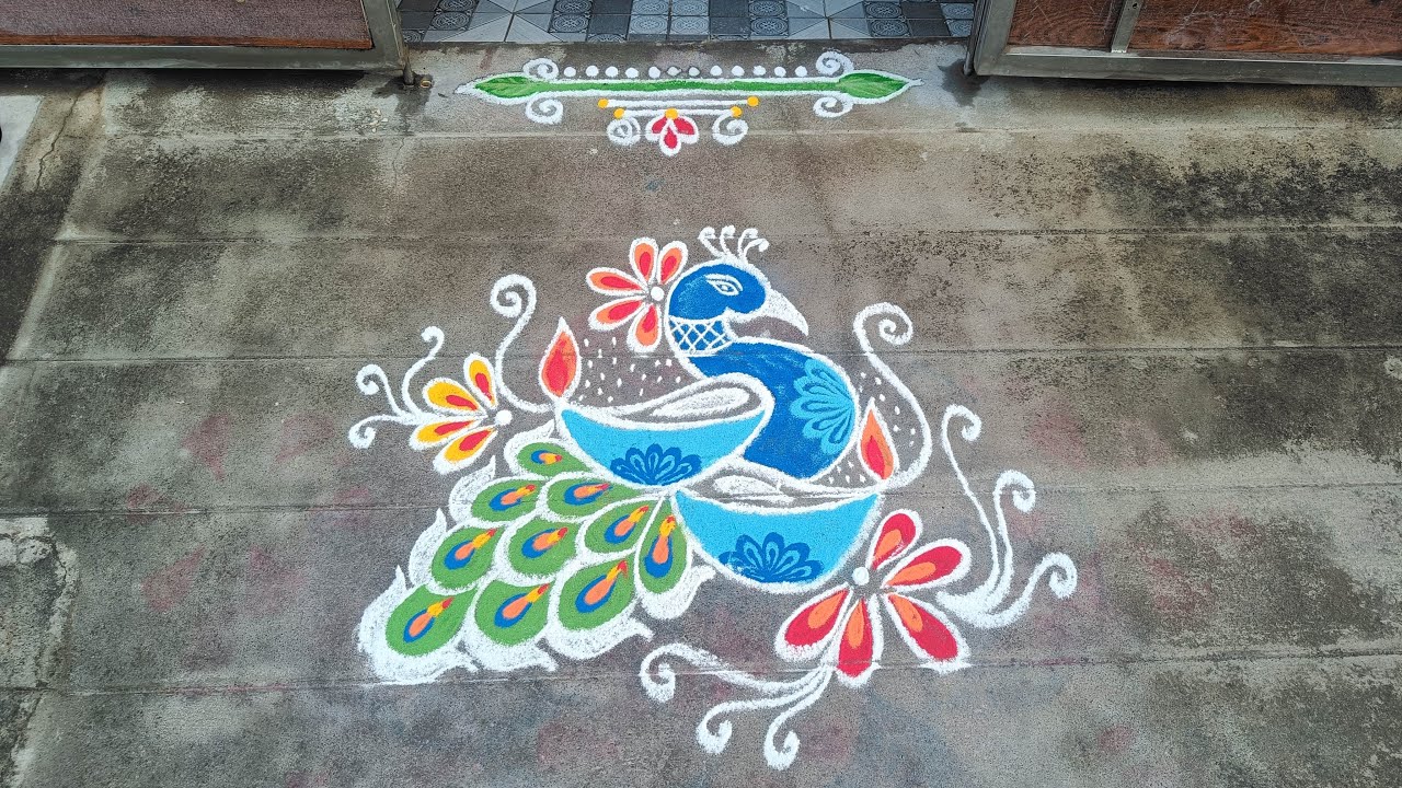 Thai Madham Special Kolam | 4*4 Deepam Peacock Kolam | Flower Rangoli |  S3-48