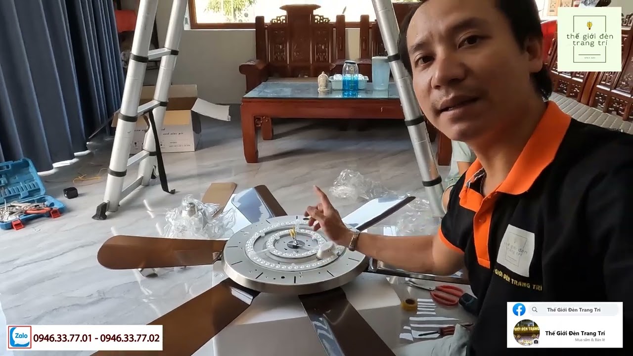 Cách lắp một chiếc quạt trần trang trí 6 cánh nhựa có đèn chùm pha lê phía dưới