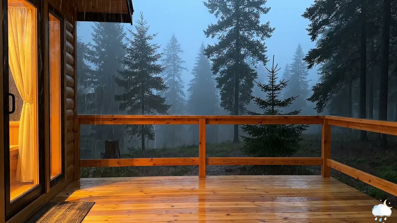 Forest Rain Sounds on Cozy Cabin Balcony 🌧️ Deep Sleep & Relaxing Nature Ambience