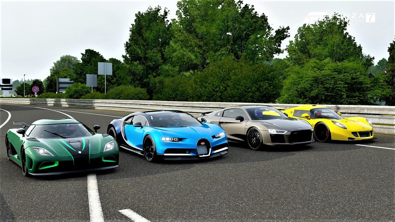 Forza 7 Drag race: Koenigsegg Agera S vs Bugatti Chiron vs Hennessey Venom GT vs Audi R8 (950hp)