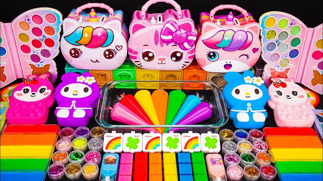 Slime Mixing Random ASMR🌈Mixing Rainbow Hello Kitty & Glitter into Slime Mixing Random 만족스러운 ASMR
