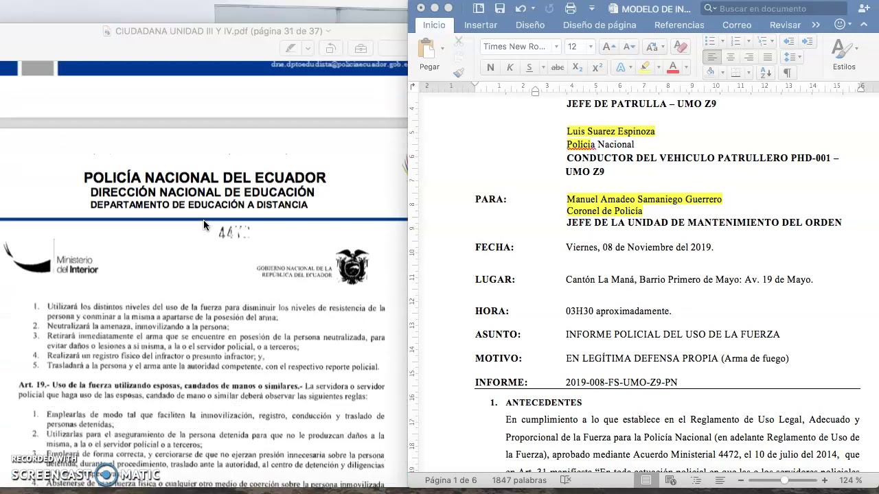 INFORME POLICIAL DEL USO DE LA FUERZA - ECUADOR
