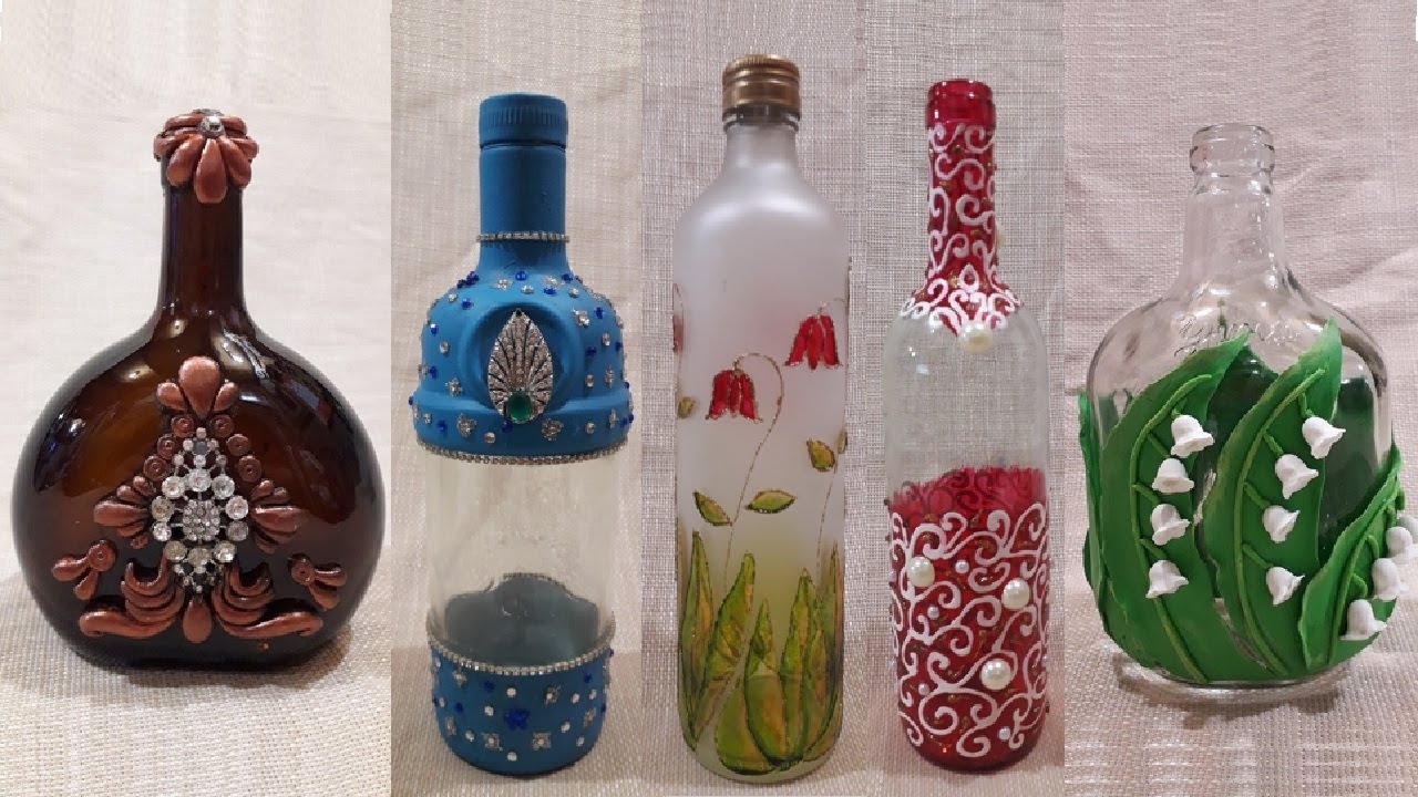 5 GARRAFAS DECORADAS/ ARTESANATO EM GARRAFAS DE VIDRO/DECORAÇÃO EM VIDRO @lucibuzo