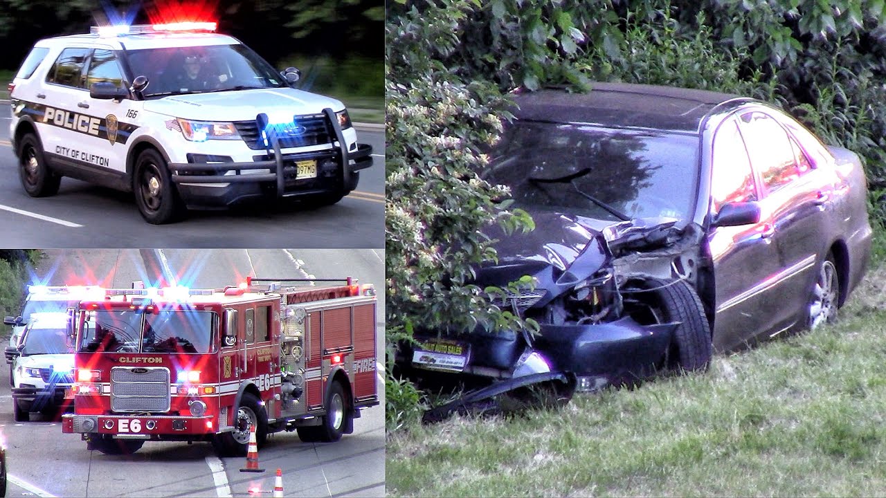 Clifton Police And Fire Department Responding To Route 3 EB Car Vs Pole 6-14-20