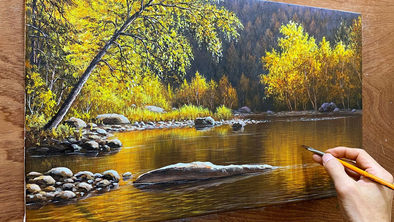 How to draw sunlight and water reflections in landscape paintings / Acrylic painting / A Lu Art.