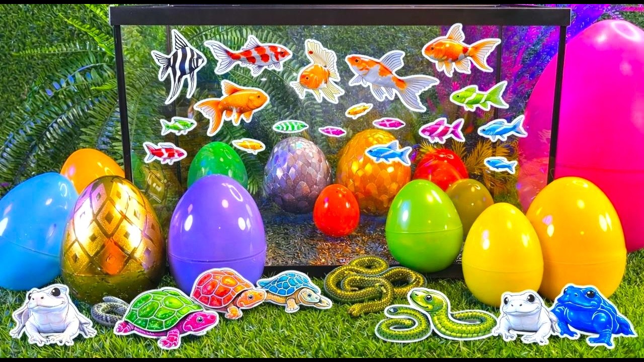 Colorful eggs fish surprise, koi, shark, angelfish, butterfly fish, goldfish, turtle, frog, betta