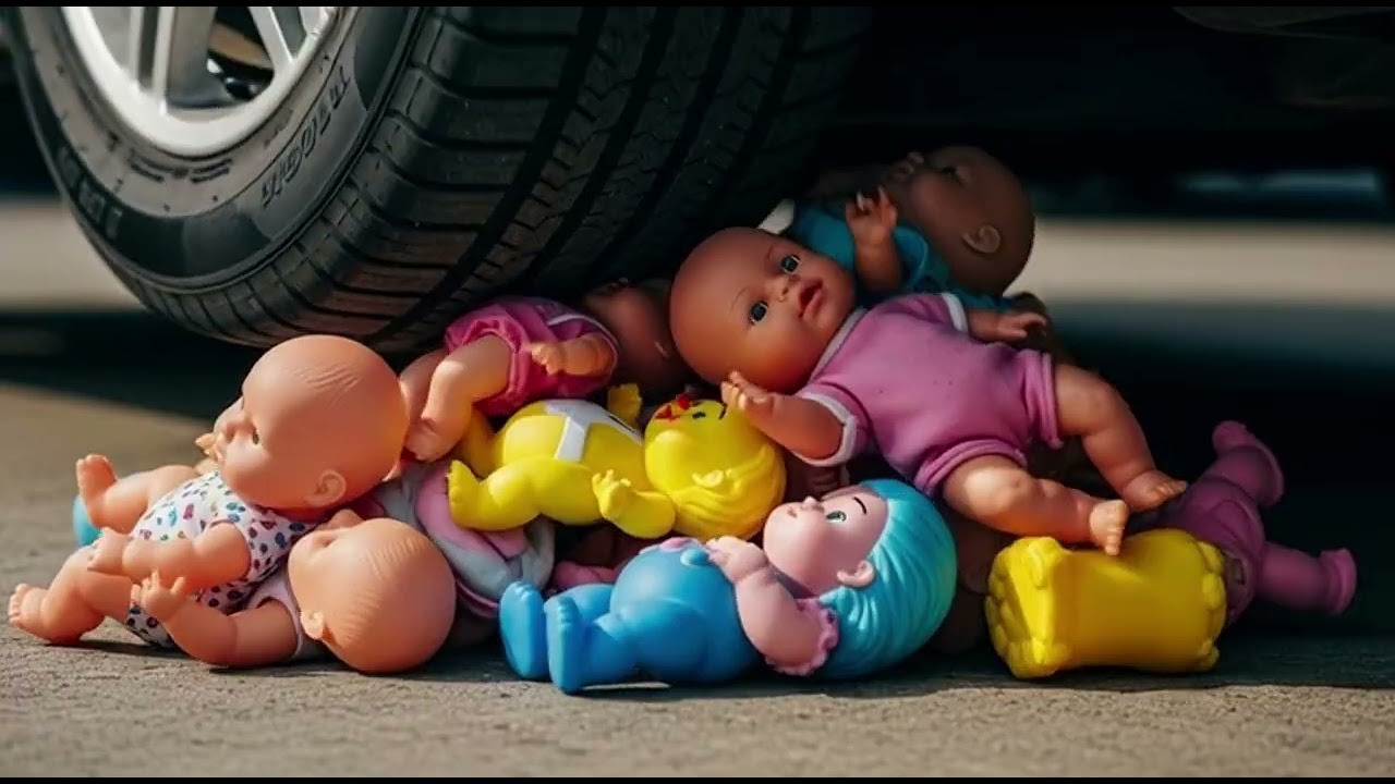 🚗🍋 Slow Car Tire Crushing Cute Dolls | Relaxing Sounds [ Power Crush ASMR ] 4k