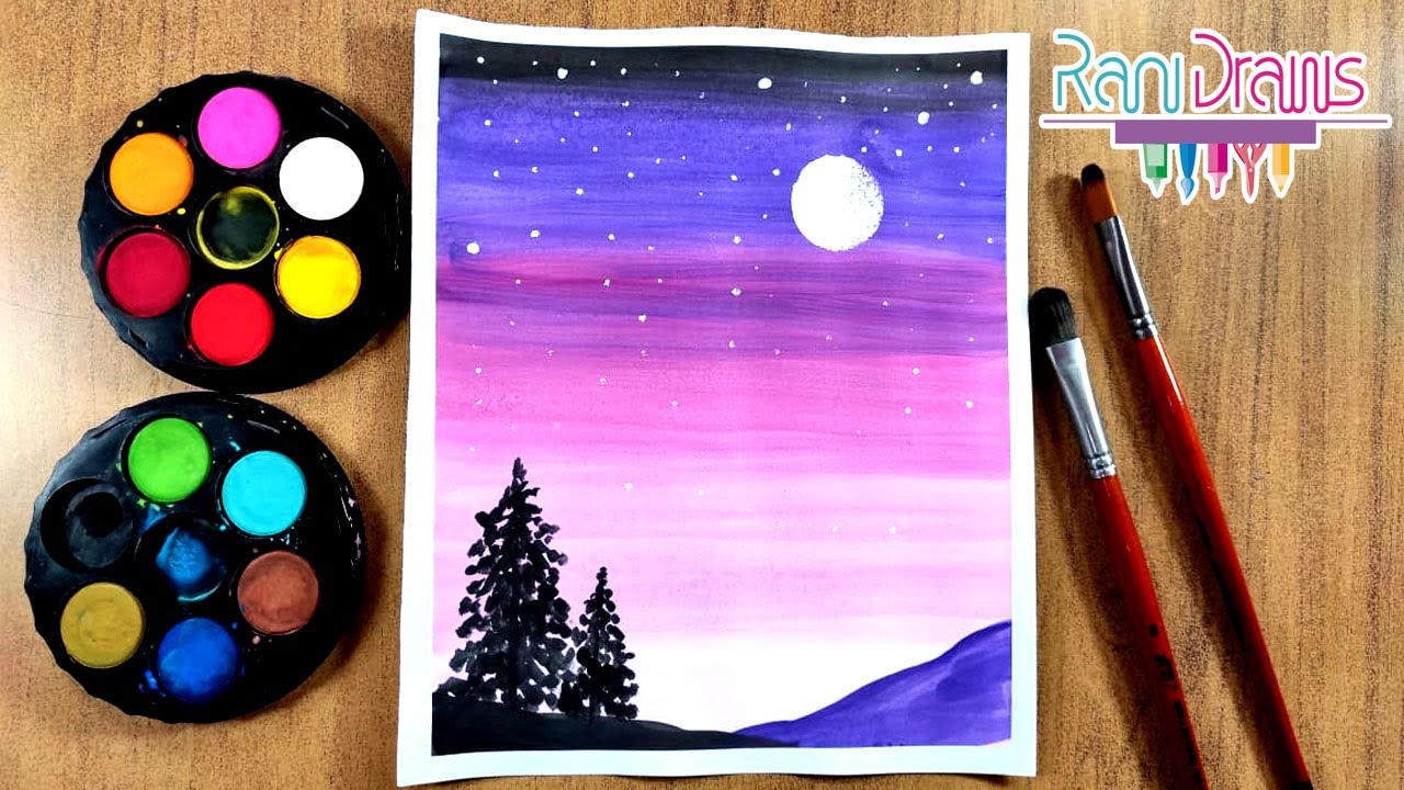 Cómo pintar PAISAJE NOCTURNO fácil con ACUARELA - How to paint easy NIGHT LANDSCAPE with WATERCOLOR