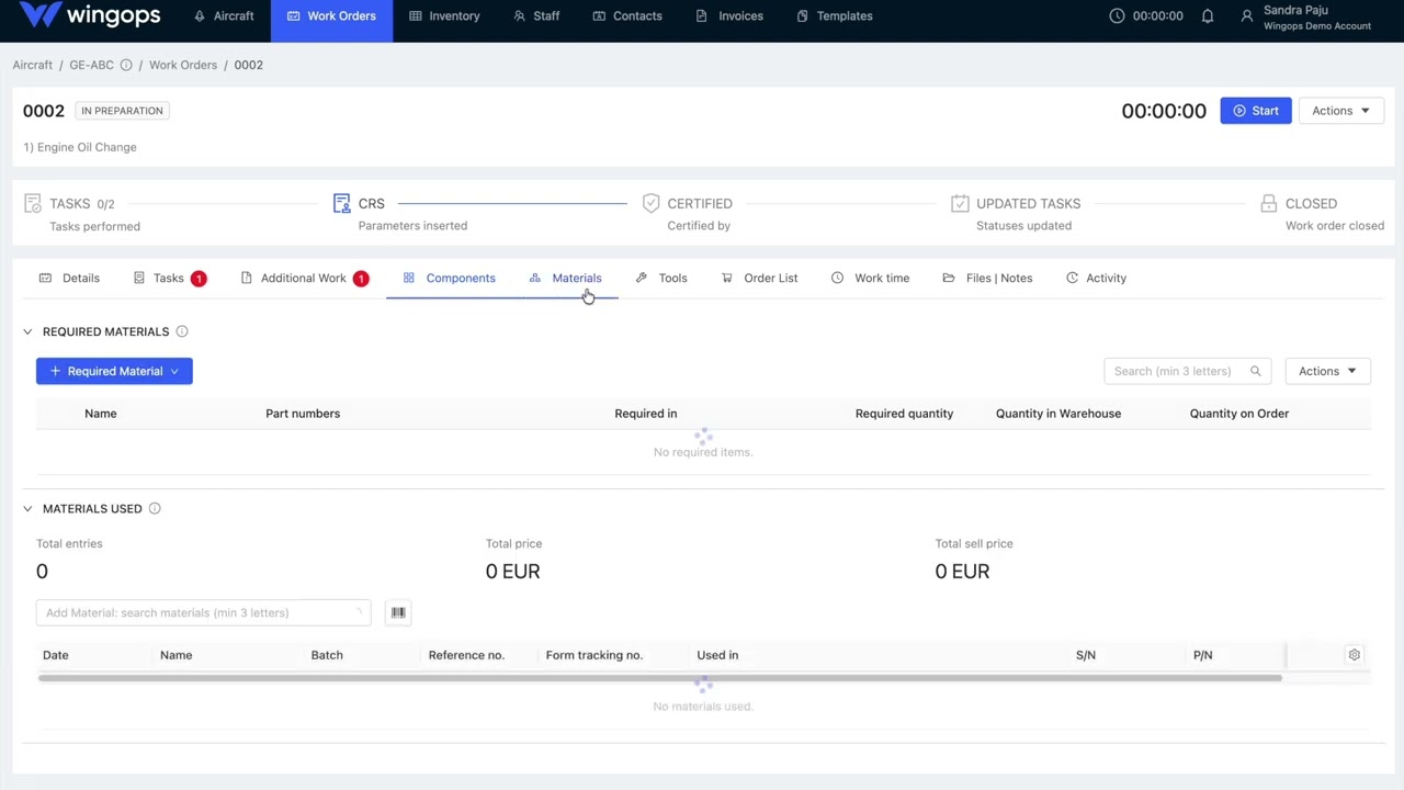 How to create a work order for an aircraft