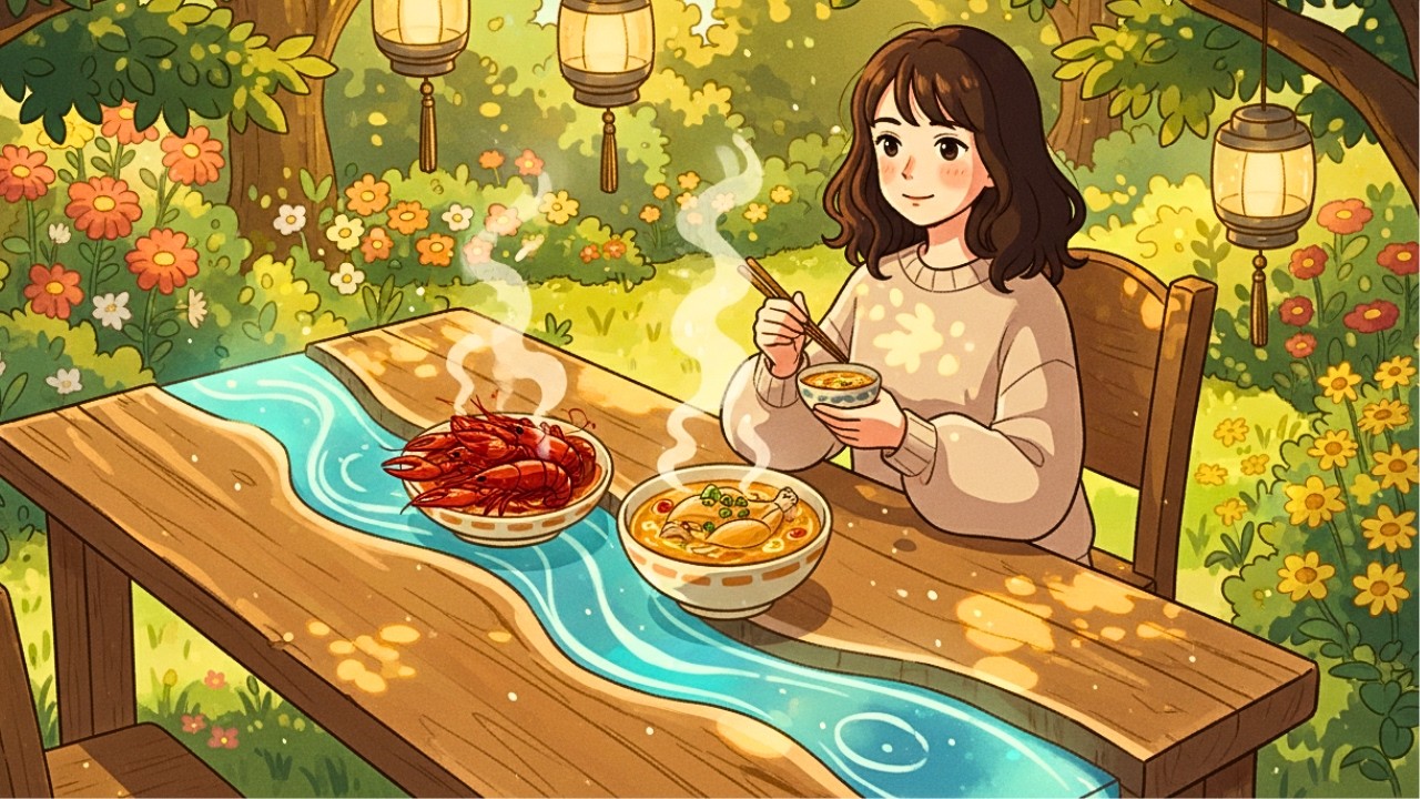 Cozy Garden Feast 🌿 Handmade Flowing River Table | Crayfish & Chicken Soup | Ghibli-Style ASMR