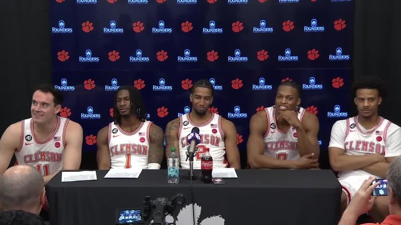 Clemson's five seniors come to postgame following their win over Georgia Tech on Senior Day