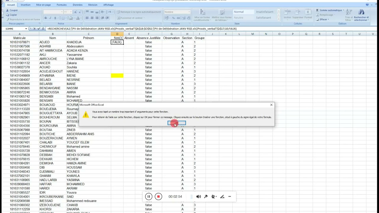 l'utilisation de la fonction RECHERCHEV de l'excel pour la saisie des notes.
