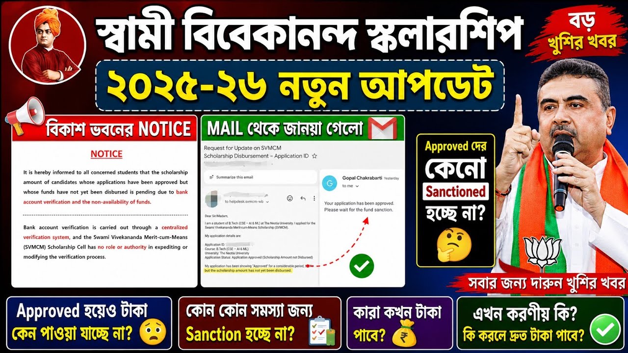 SVMCM Scholarship Payment update 2026। SVMCM scholarship 2025-26 taka kobe pabo Application Approved
