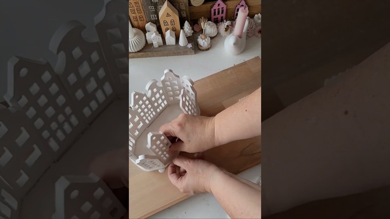 Lichth&auml;user Stadt DIY aus Keramikmasse giessen und zum Oval basteln- ganz ohne Kleben #H&auml;uschen