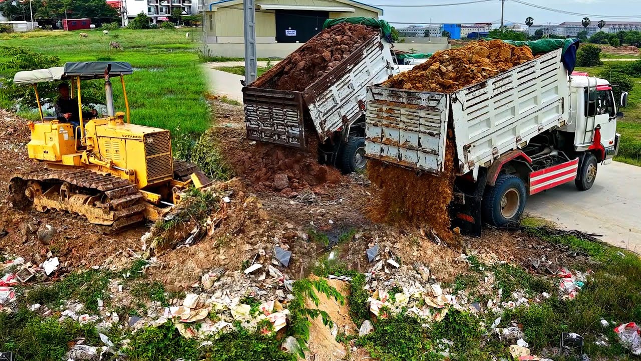 Wonderful Technique!! Bulldozer KOMATSU D31P Pushing Soil Delete Forest & Dump truck Filling Land