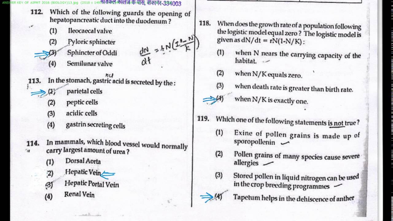 AIPMT 2016 BIOLOGY (NEET) ANSWER KEY  BY HARCHARAN BIKANER