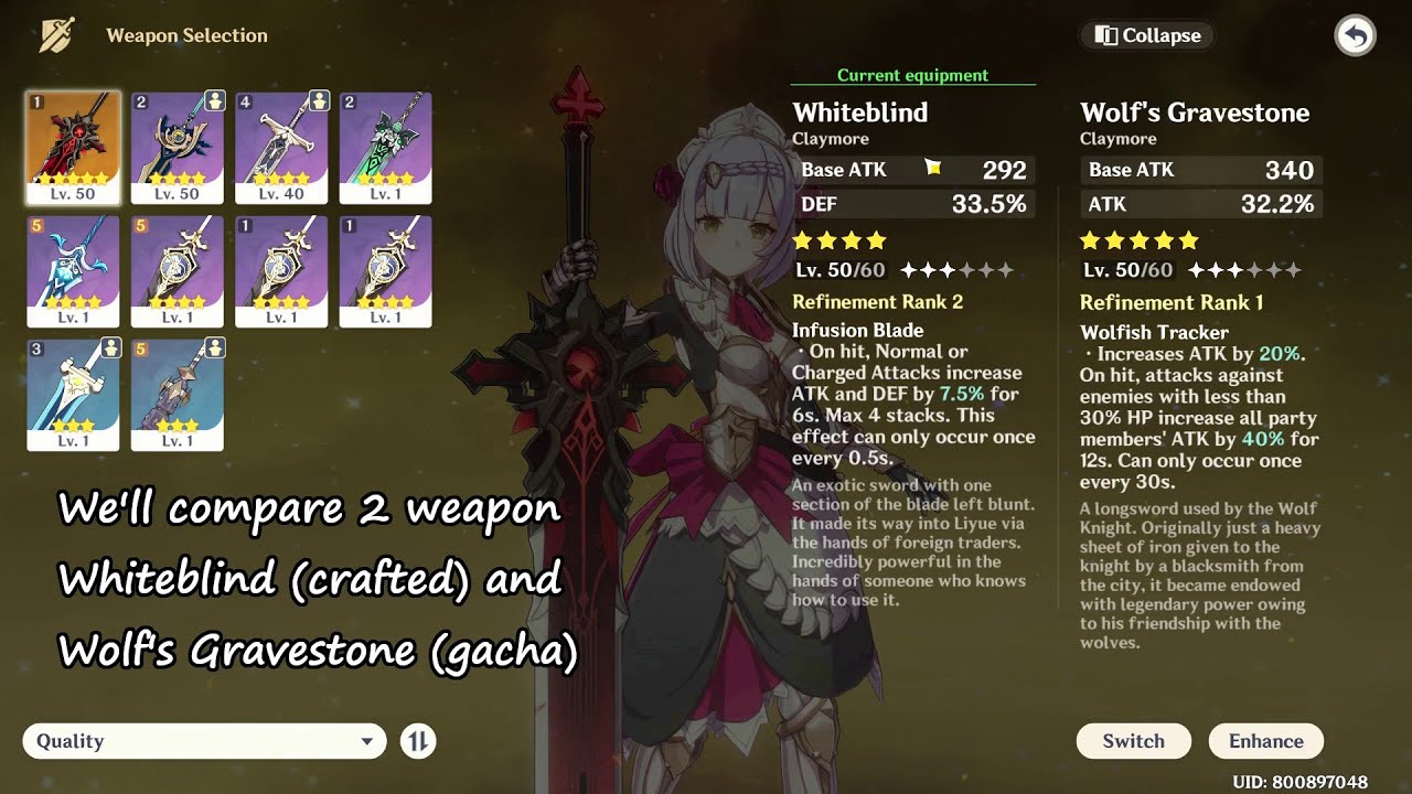 Noelle(C6) weapon comparison: Wolf's Gravestone(R1) vs Whiteblind(R2) Genshin Impact