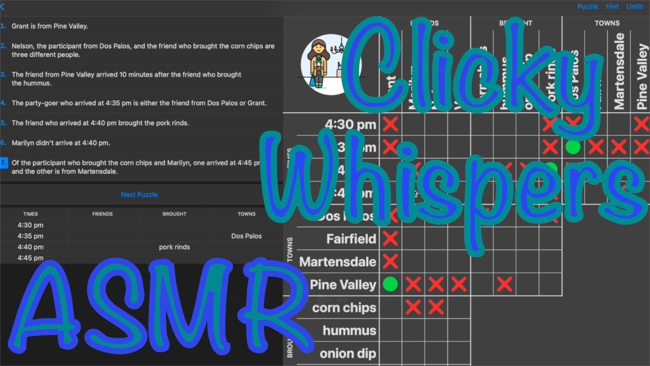 Whispered ASMR 🎧 ~ Logic Grid Puzzles ~ Angie's Birthday and At the Dentist