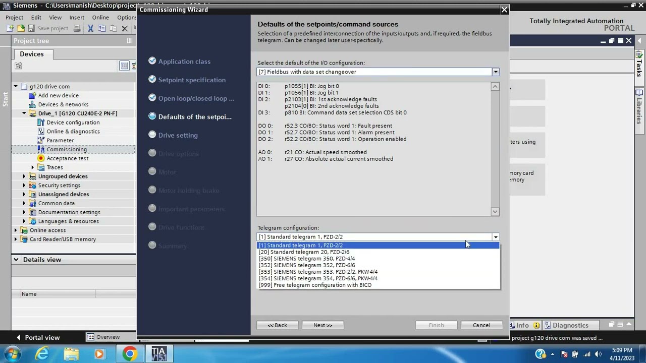 Siemens G120 drive with TIA Portal startdrive configuration and commissioning