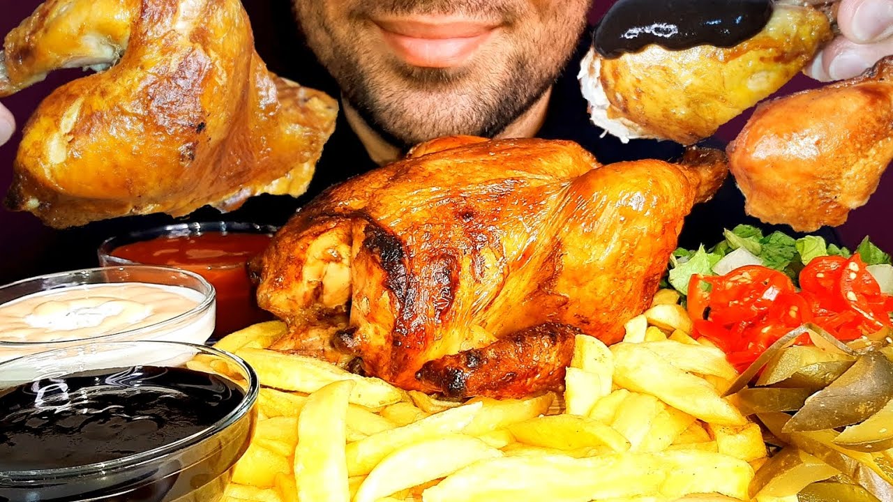 موکبانگ مرغ بریان و مخلفات🍗🍟|ASMR EATING ROASTED CHICKEN,FRIES & SALAD MUKBANG