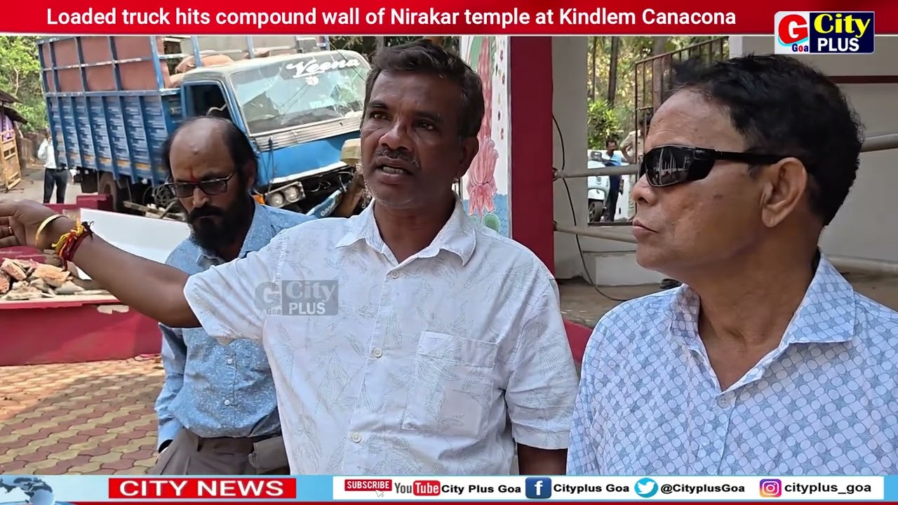 Loaded truck hits compound wall of Nirakar temple at Kindlem Canacona